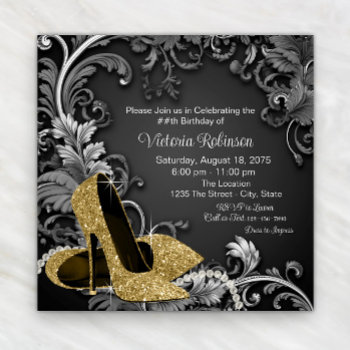 Womans Black Gold Shoe Birthday Party Invitation by Pure_Elegance at Zazzle
