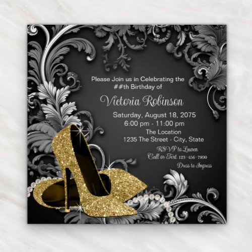 Womans Black Gold Shoe Birthday Party Invitation