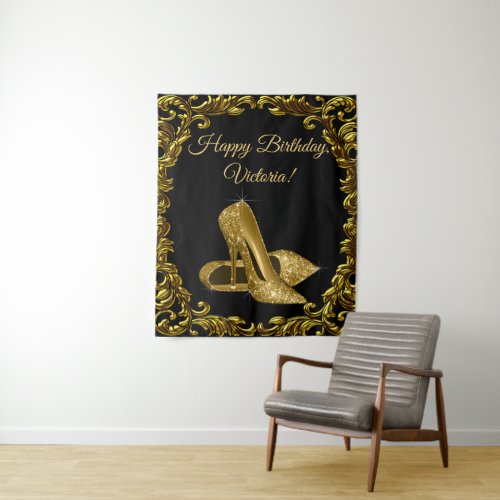 Womans Black Gold Shoe Birthday Party M Backdrop