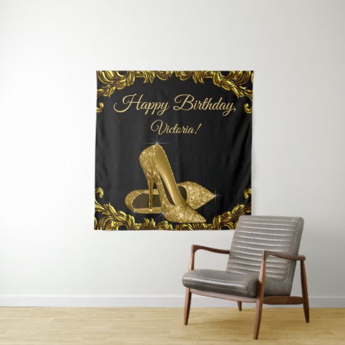 Womans Black Gold Shoe Birthday Party SQ Backdrop