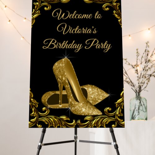 Womans Black Gold Shoe Birthday Party Welcome Sign