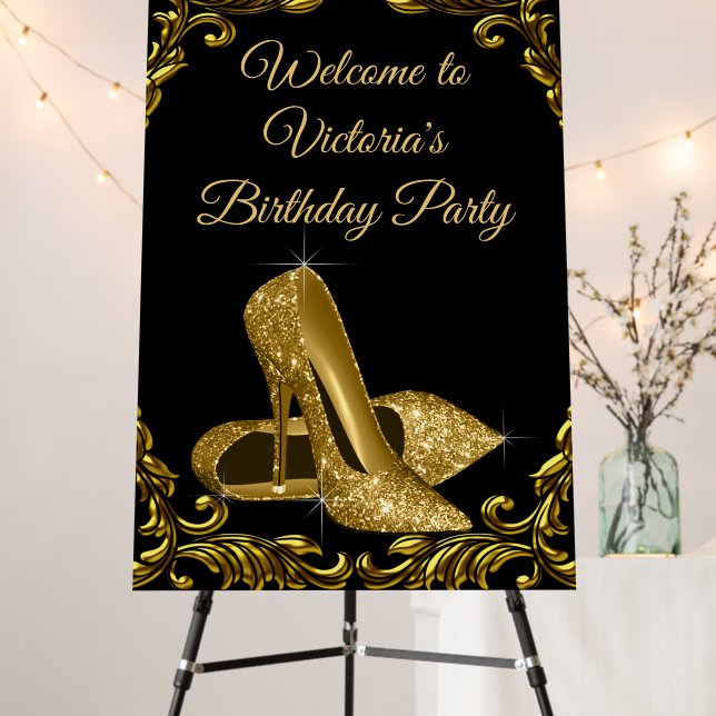 Womans Black Gold Shoe Birthday Party Welcome Sign (In Situ (Stand))