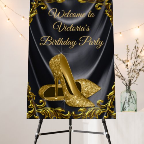 Womans Black Gold Shoe Birthday Party Welcome Sign