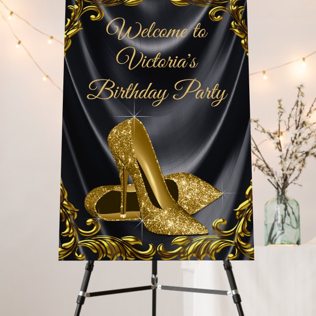 Womans Black Gold Shoe Birthday Party Welcome Sign (In Situ (Stand))