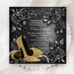 Womans Black Gold Shoe Floral Birthday Party Invitation