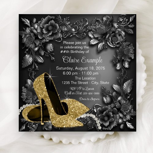 Womans Black Gold Shoe Floral Birthday Party Invitation