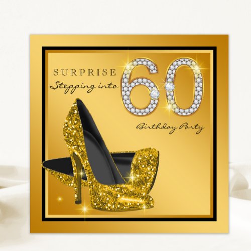 Womans Black Gold Surprise 60th Birthday Party Invitation