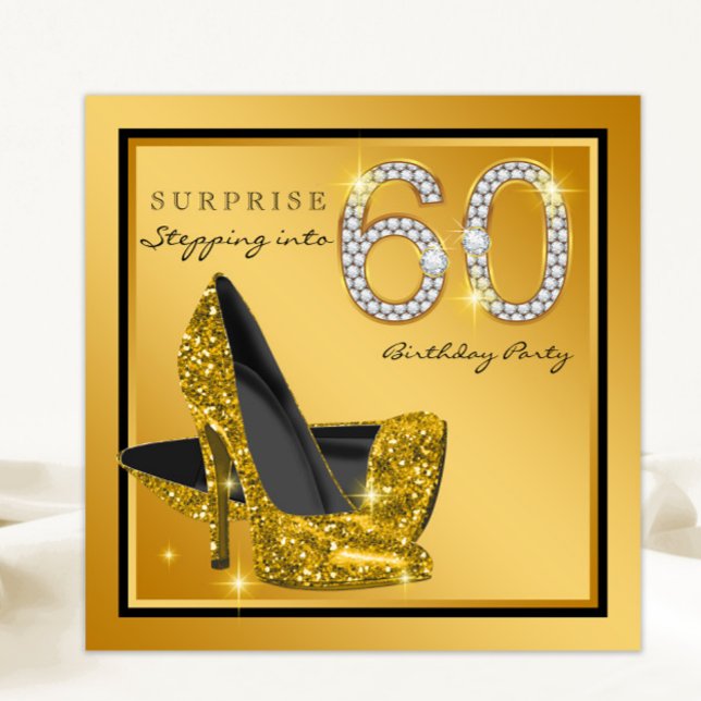 Womans Black Gold Surprise 60th Birthday Party Invitation (Elegant black gold glitter high heel shoe 60th birthday invitation with pretty gold diamond numbers.)