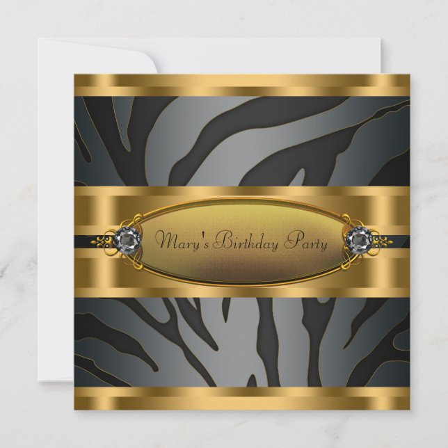 Womans Black Gold Zebra Birthday Party Invitation (Front)