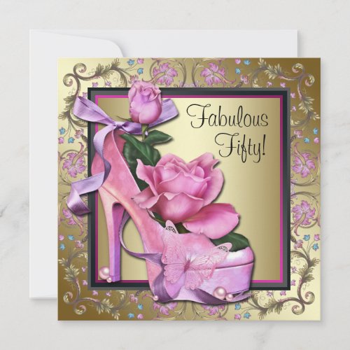 Womans Black Pink Gold 50th Birthday Party Invitation