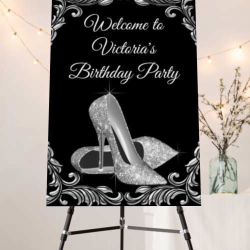 Womans Black Silver Birthday Party Welcome Sign