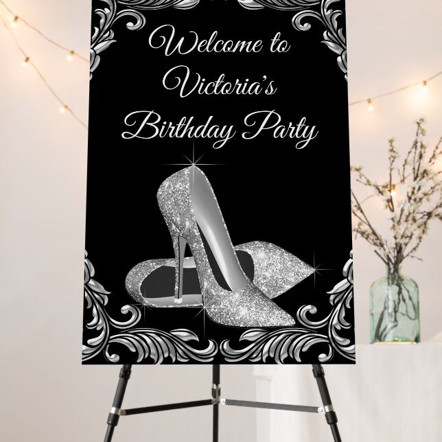 Womans Black Silver Birthday Party Welcome Sign (In Situ (Stand))