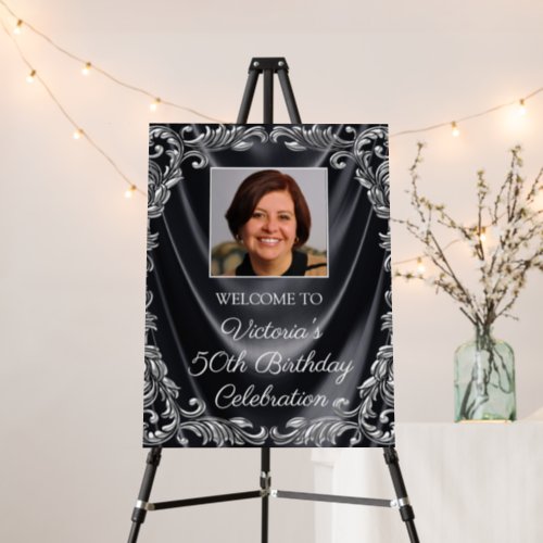 Womans Black Silver Photo Birthday Welcome Sign