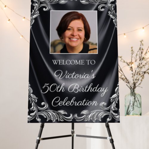 Womans Black Silver Photo Birthday Welcome Sign