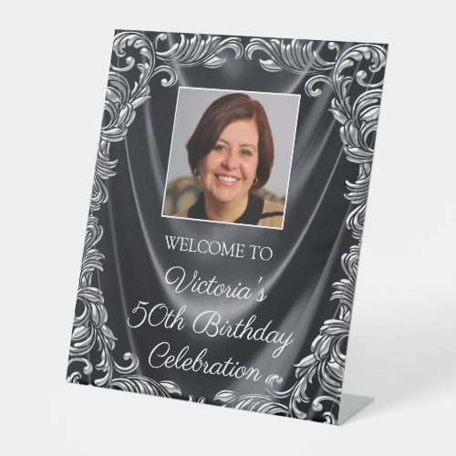 Womans Black Silver Photo Birthday Welcome Table Pedestal Sign