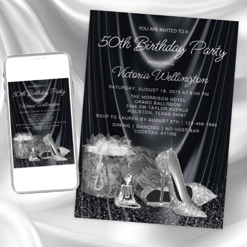 Womans Black Silver Shoe Any Number Birthday Invitation