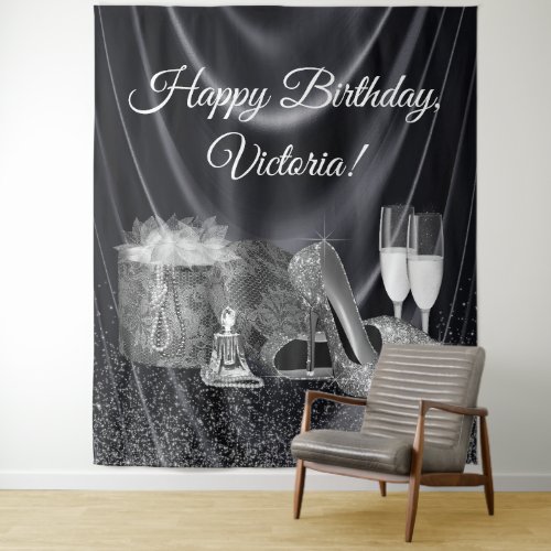 Womans Black Silver Shoe Birthday Party Backdrop