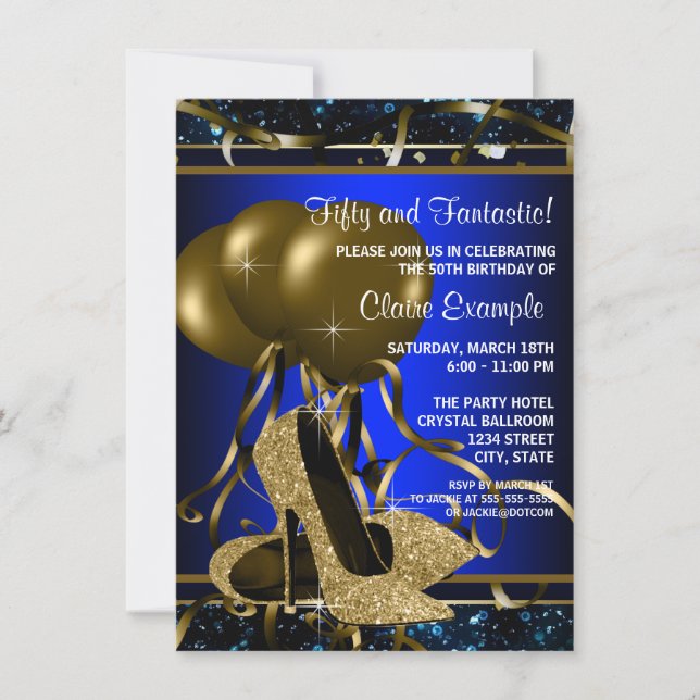 Womans Blue and Gold High Heel Birthday Party Invitation (Front)