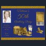 Womans Blue Gold Birthday Party Chip Bag Wrapper<br><div class="desc">Womans royal blue and gold birthday party chip bags with pretty gold high heel shoes, gift, perfume and champagne glasses on a gold glitter choose your own color background. This womans birthday party chip bag is easily personalized with your text and photo. To assemble, wrap the flyer around your chip...</div>