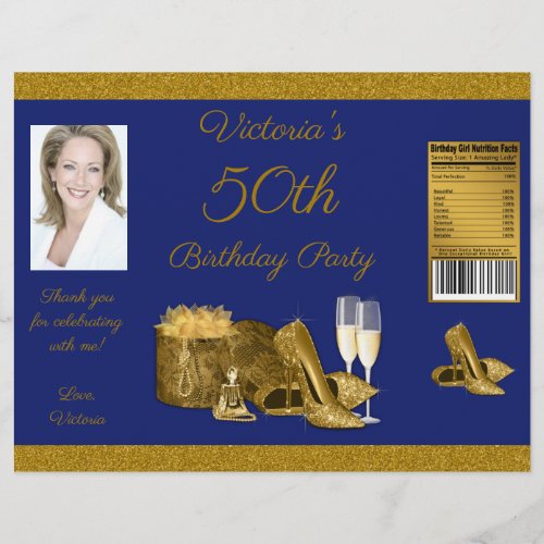 Womans Blue Gold Birthday Party Chip Bag Wrapper