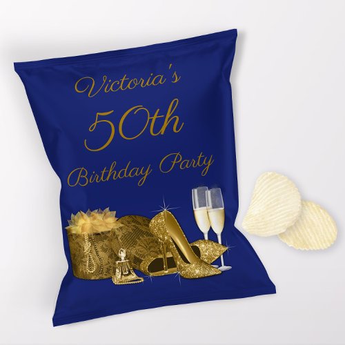 Womans Blue Gold Birthday Party Chip Bag Wrappers