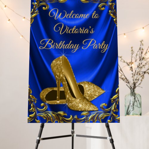 Womans Blue Gold Birthday Party Welcome Sign