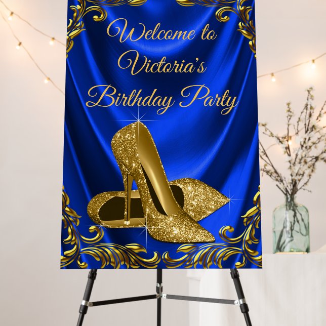 Womans Blue Gold Birthday Party Welcome Sign (In Situ (Stand))