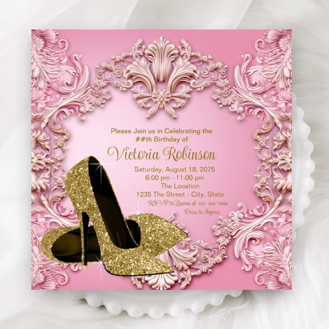 Womans Blush Pink Gold Shoe Birthday Party Invitation (Elegant pink gold shoe any number birthday and event invitation.)