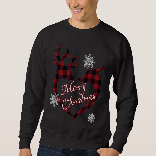 Woman's Christmas Plaid Kissing Deer Snowflakes Sweatshirt (Front)