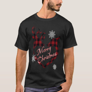 Woman's Christmas Plaid Kissing Deer Snowflakes T-Shirt