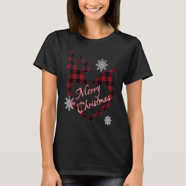 Woman's Christmas Plaid Kissing Deer Snowflakes T-Shirt (Front)