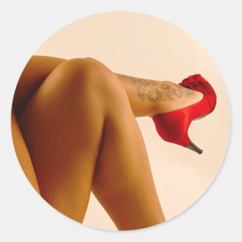 Womans Crossed Bare Legs with Red High Heels Classic Round Sticker