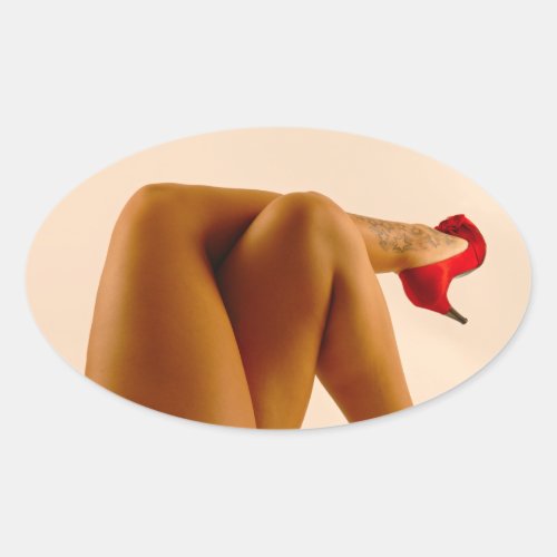 Womans Crossed Bare Legs with Red High Heels Oval Sticker