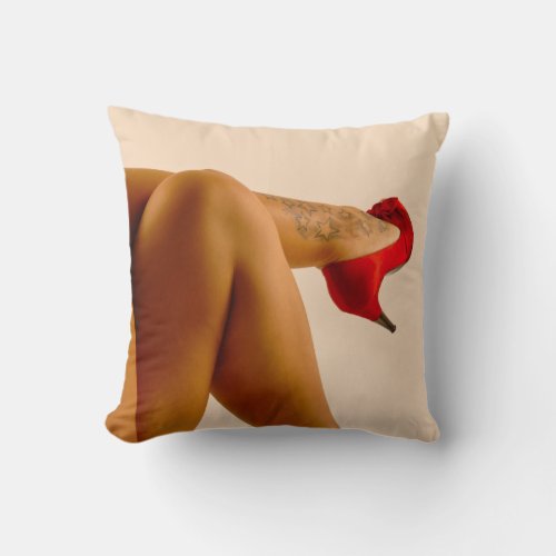 Womans Crossed Bare Legs with Red High Heels Throw Pillow
