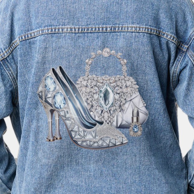Womans Diamond High Heel Shoe Denim Jacket (Elegant diamond shoes and purse denim jacket. )