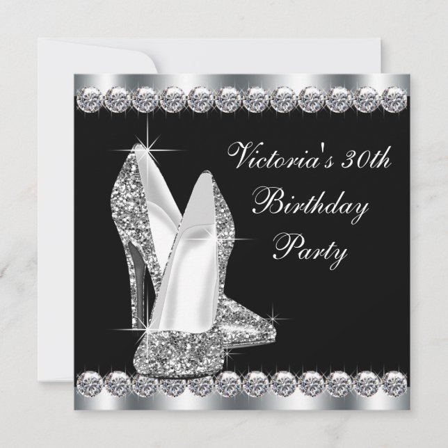 Womans Elegant Black 30th Birthday Party Invitation (Front)