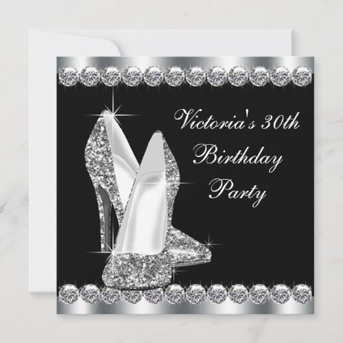 Womans Elegant Black 30th Birthday Party Invitation