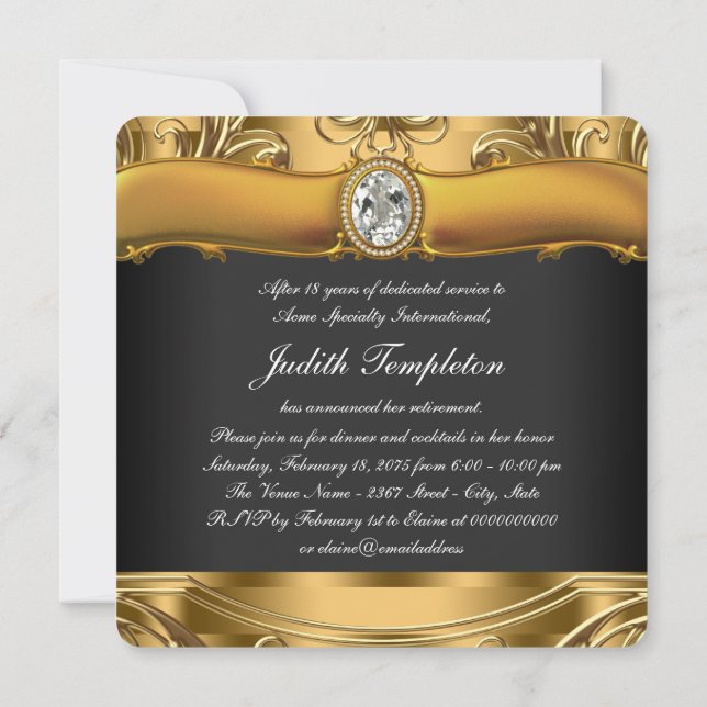Womans Elegant Black and Gold Retirement Party Invitation (Back)