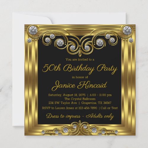 Womans Elegant Black Gold Birthday Party Invitation