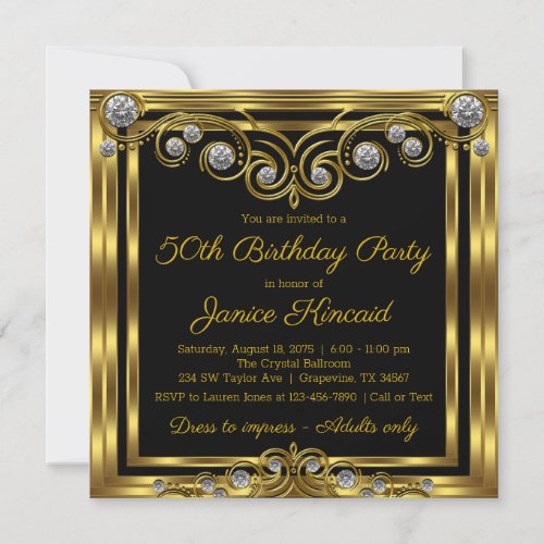 Womans Elegant Black Gold Diamond Birthday Party Invitation