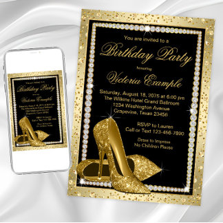 Womans Elegant Black Gold High Heel Birthday Party Invitation