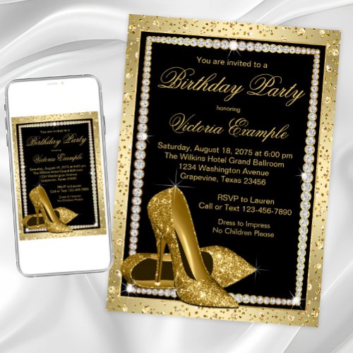 Womans Elegant Black Gold High Heel Birthday Party Invitation