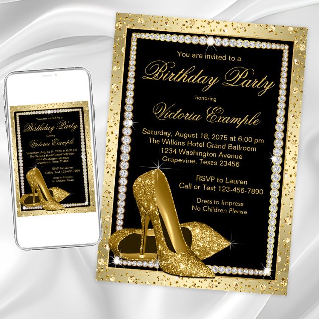 Womans Elegant Black Gold High Heel Birthday Party Invitation (Black and gold diamond any occasion invitation. Instant download and printed invitations available.)