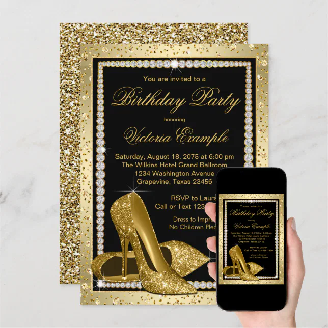 Womans Elegant Black Gold High Heel Shoe Birthday Invitation | Zazzle