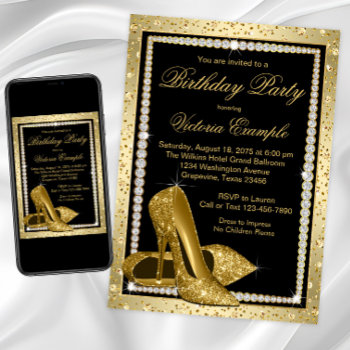 Womans Elegant Black Gold High Heel Shoe Birthday Invitation by Pure_Elegance at Zazzle