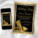Womans Elegant Black Gold High Heel Shoe Birthday Invitation at Zazzle