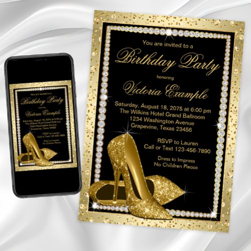 Womans Elegant Black Gold High Heel Shoe Birthday Invitation