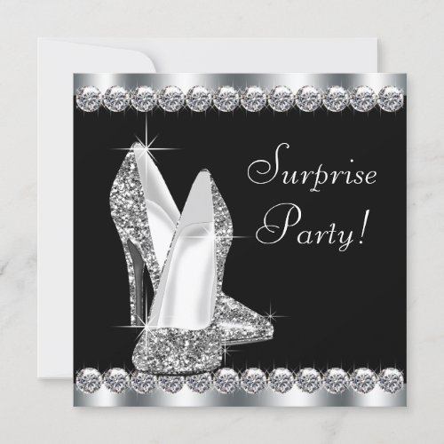 Womans Elegant Black Surprise Birthday Party Invites