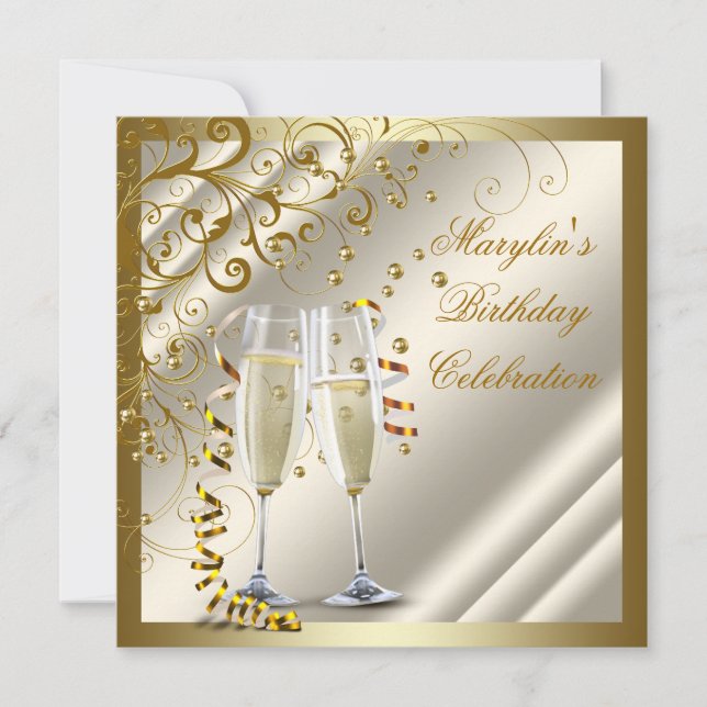 Womans Elegant Ivory Gold Birthday Invitation (Front)