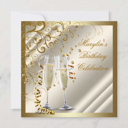 Womans Elegant Ivory Gold Birthday Announcement